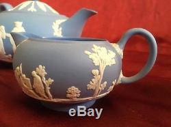 Antique 1950s Wedgwood Blue Jasperware Tea Set Teapot Sugar Creamer England
