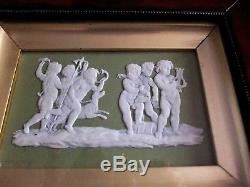Antique 19thc Rare Wedgwood Green Jasperware Plaque Hunting Boys With Dogs