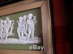 Antique 19thc Rare Wedgwood Green Jasperware Plaque Hunting Boys With Dogs