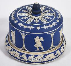 Antique Blue Cobalt Jasperware Cheese Dome & Liner Cupid Cherub Motif Wedgwood
