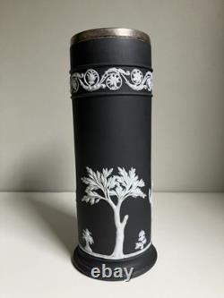 Antique C19th Wedgwood Black Dipped Jasperware Arcadian Spill Vase Epns Collar