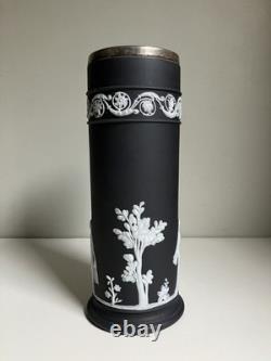 Antique C19th Wedgwood Black Dipped Jasperware Arcadian Spill Vase Epns Collar