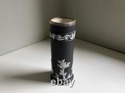 Antique C19th Wedgwood Black Dipped Jasperware Arcadian Spill Vase Epns Collar
