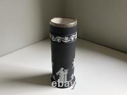 Antique C19th Wedgwood Black Dipped Jasperware Arcadian Spill Vase Epns Collar