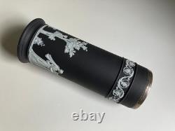 Antique C19th Wedgwood Black Dipped Jasperware Arcadian Spill Vase Epns Collar
