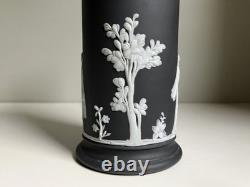Antique C19th Wedgwood Black Dipped Jasperware Arcadian Spill Vase Epns Collar