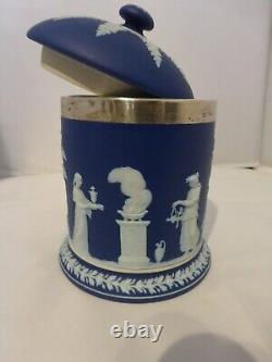 Antique Hallmarked Silver Wedgwood Dark Cobalt Blue Jasperware Dip Tobacco Jar