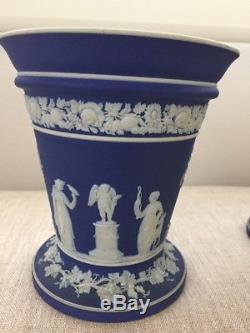 Antique PAIR Wedgwood Jasperware Dark Royal Blue Trumpet Flower VASES NeoClassic