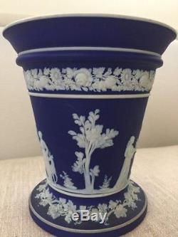 Antique PAIR Wedgwood Jasperware Dark Royal Blue Trumpet Flower VASES NeoClassic