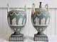 Antique Pair Of Wedgwood Jasperware Sage Green Urns Vases 1 Lidded Double Handle
