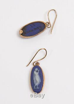 Antique Victorian 9ct Yellow Gold & Blue Wedgwood Jasperware Cameo Drop Earrings