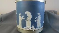 Antique WEDGWOOD COBALT BLUE Jasperware Biscuit Barrel Silver Plate Lid c 1895