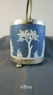 Antique WEDGWOOD COBALT BLUE Jasperware Biscuit Barrel Silver Plate Lid c 1895