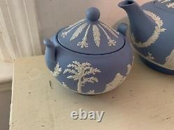 Antique Wedgewood Blue Jasper Tea Set Tea Pot Sugar Bowl & Creamer