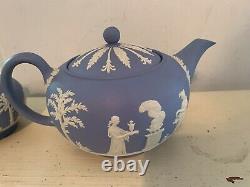 Antique Wedgewood Blue Jasper Tea Set Tea Pot Sugar Bowl & Creamer