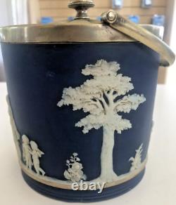 Antique Wedgewood Jasperware Blue Biscuit Barrel Hallmarked Lid Lovely Design