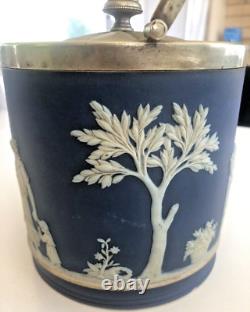 Antique Wedgewood Jasperware Blue Biscuit Barrel Hallmarked Lid Lovely Design