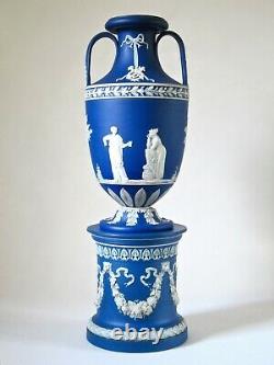 Antique Wedgwood 23 Cobalt Blue Dip Jasperware Urn & Pedestal, late-1800's
