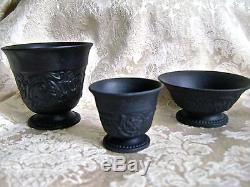 Antique Wedgwood Black Basalt Jasperware Open Sugar Bowl, Salt And Egg Cups