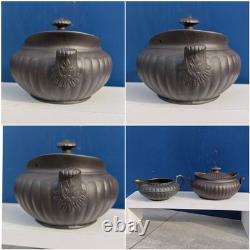 Antique Wedgwood Black Basalt Sugar Bowl & Matching Creamer Milk Jug Jasper Ware