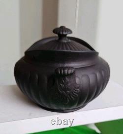 Antique Wedgwood Black Basalt Sugar Bowl & Matching Creamer Milk Jug Jasper Ware