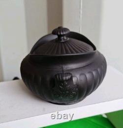Antique Wedgwood Black Basalt Sugar Bowl & Matching Creamer Milk Jug Jasper Ware