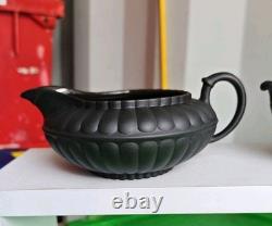 Antique Wedgwood Black Basalt Sugar Bowl & Matching Creamer Milk Jug Jasper Ware