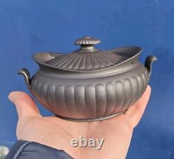 Antique Wedgwood Black Basalt Sugar Bowl & Matching Creamer Milk Jug Jasper Ware