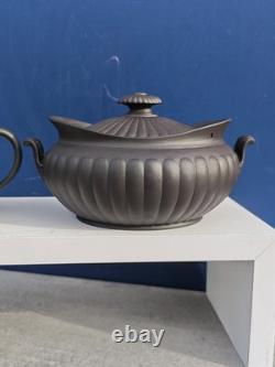 Antique Wedgwood Black Basalt Sugar Bowl & Matching Creamer Milk Jug Jasper Ware