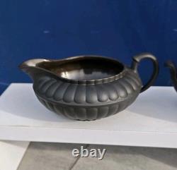 Antique Wedgwood Black Basalt Sugar Bowl & Matching Creamer Milk Jug Jasper Ware