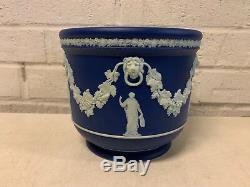 Antique Wedgwood Blue Jasperware Cache Pot / Vase with Women / Muses Decoration