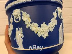Antique Wedgwood Blue Jasperware Cache Pot / Vase with Women / Muses Decoration