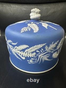 Antique Wedgwood Blue Jasperware Cheese Dome Botanical Relief Cover