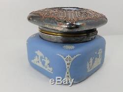 Antique Wedgwood Blue Jasperware Hinged Embossed Silver Lidded Biscuit Tea Jar