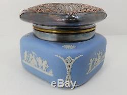 Antique Wedgwood Blue Jasperware Hinged Embossed Silver Lidded Biscuit Tea Jar