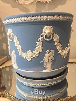 Antique Wedgwood Blue Jasperware Large Jardiniere Planter Pot With Under Plate