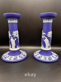 Antique Wedgwood Blue Jasperware Pair Of Candlesticks