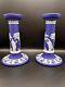 Antique Wedgwood Blue Jasperware Pair Of Candlesticks