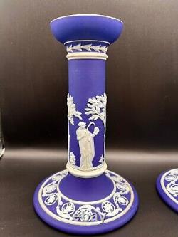 Antique Wedgwood Blue Jasperware Pair Of Candlesticks