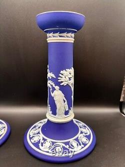 Antique Wedgwood Blue Jasperware Pair Of Candlesticks