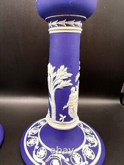 Antique Wedgwood Blue Jasperware Pair Of Candlesticks