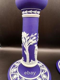 Antique Wedgwood Blue Jasperware Pair Of Candlesticks