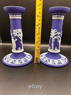 Antique Wedgwood Blue Jasperware Pair Of Candlesticks