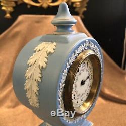 Antique Wedgwood Blue Jasperware Porcelain Small Table Top Grandmother Clock