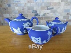 Antique Wedgwood Dark Blue Jasper Ware Teapot, Sugar Bowl & Creamer Set (c. 1920)