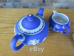 Antique Wedgwood Dark Blue Jasper Ware Teapot, Sugar Bowl & Creamer Set (c. 1920)