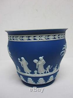 Antique Wedgwood Dark Blue Jasperware 7 1/8 Cache Pot Planter Made In England