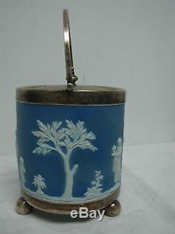 Antique Wedgwood Dark Blue Jasperware Biscuit Jar Silverplate LID & Feet Mark W