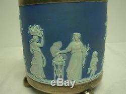Antique Wedgwood Dark Blue Jasperware Biscuit Jar Silverplate LID & Feet Mark W