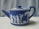 Antique Wedgwood Dark Blue Jasperware Brewster Teapot With Straight Spout